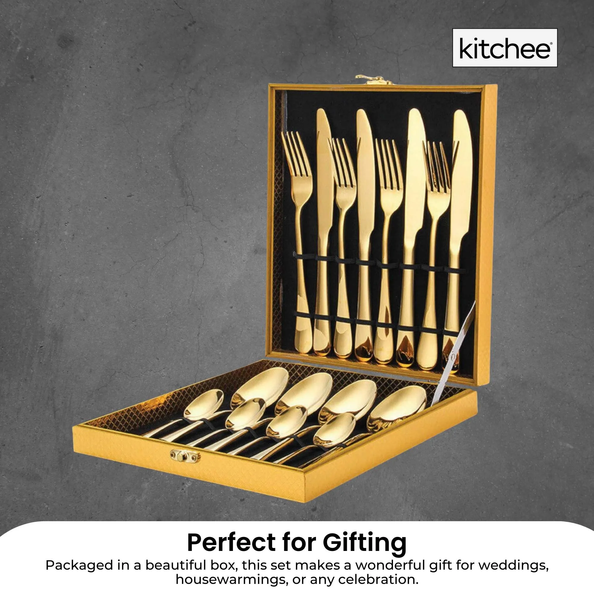 16-Piece Gold Cutlery Set | Stainless Steel Flatware | Knife, Fork, Spoon | Gift Box