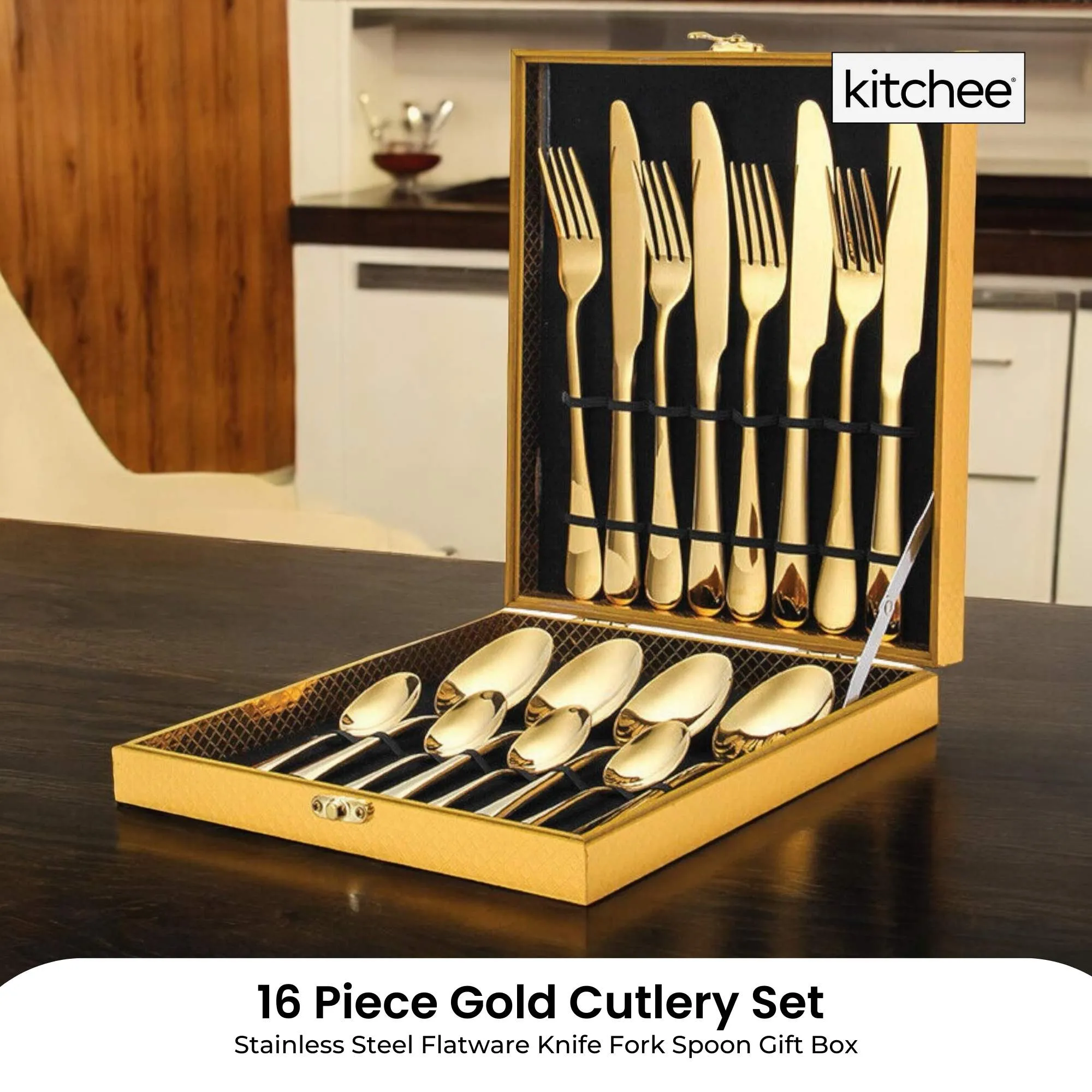 16-Piece Gold Cutlery Set | Stainless Steel Flatware | Knife, Fork, Spoon | Gift Box