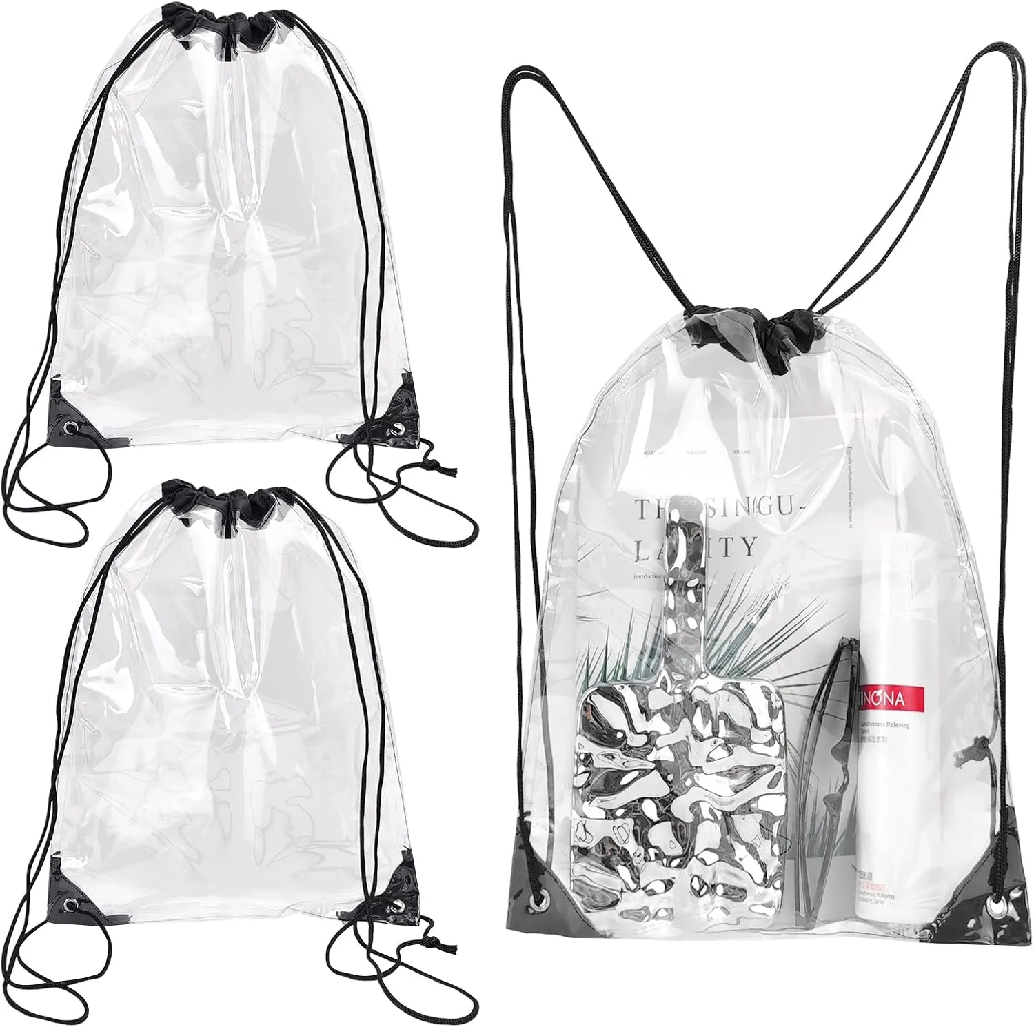 2 Pack Waterproof Clear Stadium Approved Drawstring Bags - See Through PVC Backpack for Men and Women, Ideal for Concerts, Festivals, Sports