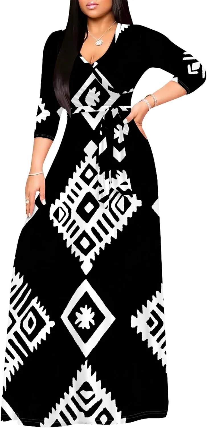 2024 Fall Maxi Dress for Curvy Women Casual Sexy Bodycon V-Neck 3/4 Sleeve Floral Flowy Boho Wrap Sundress with Belt