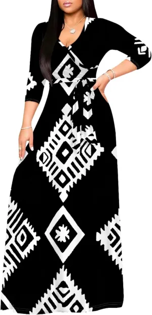 2024 Fall Maxi Dress for Curvy Women Casual Sexy Bodycon V-Neck 3/4 Sleeve Floral Flowy Boho Wrap Sundress with Belt
