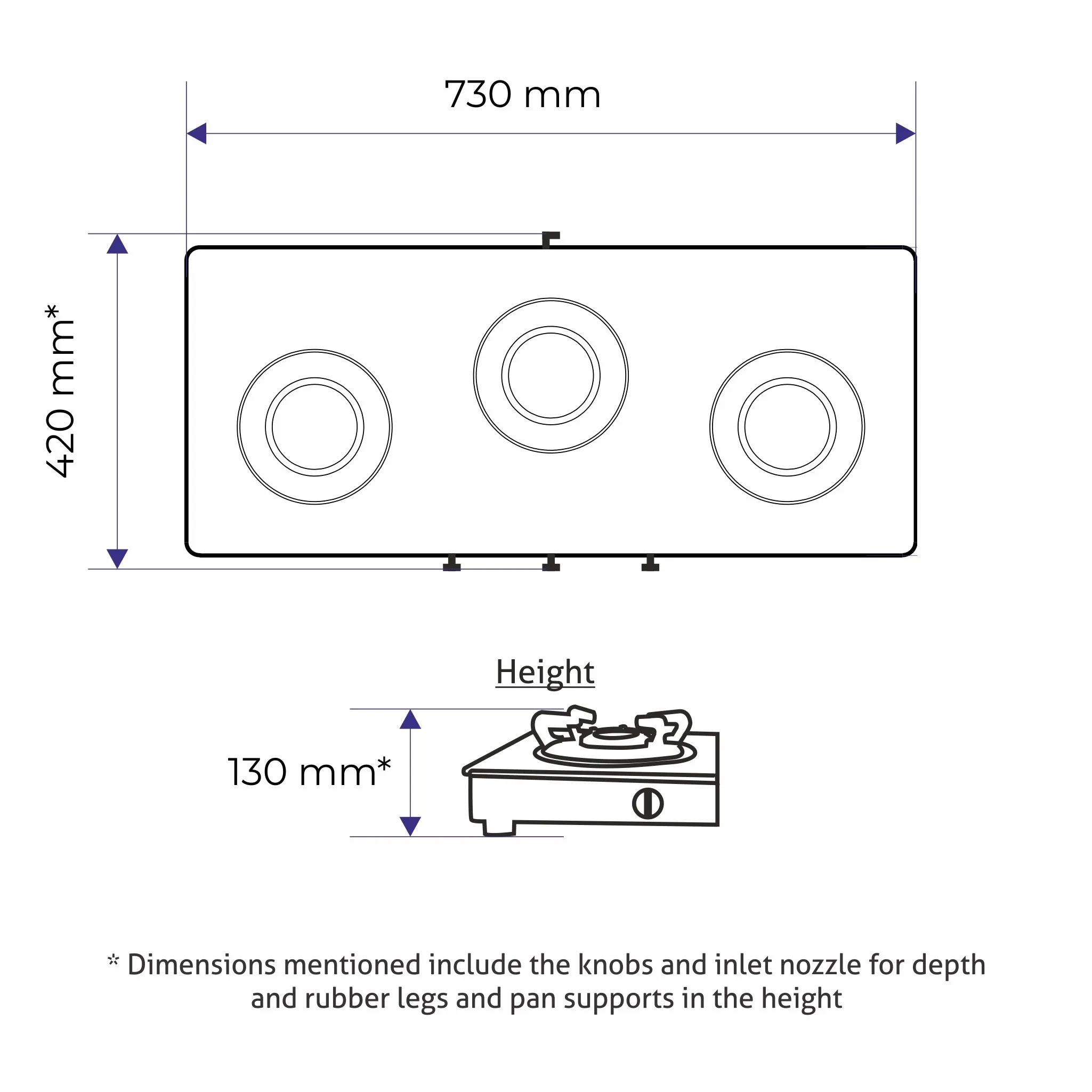 3 Burner Free Standing Glass Hob Forged Brass Burner with Flame Failure Device Auto Ignition (1073 FSFBBWFFDAI)