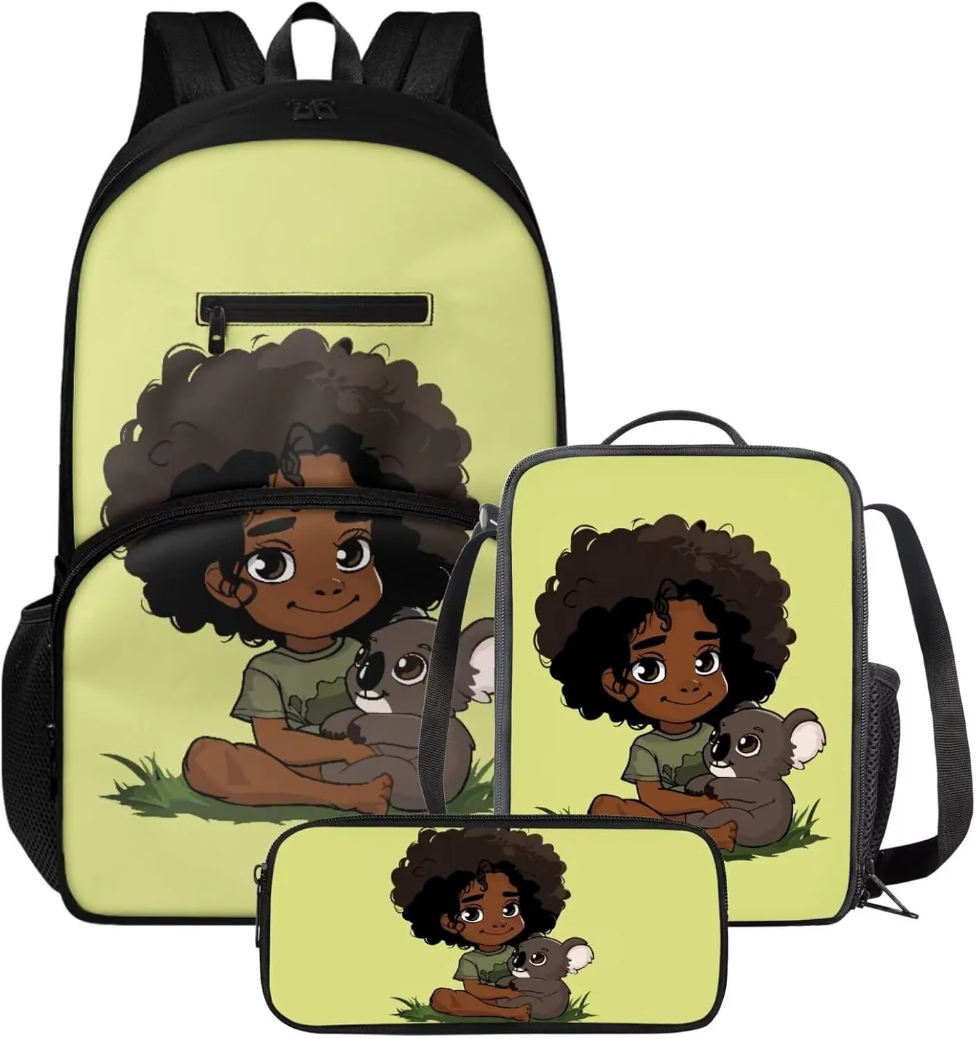 3 Piece Backpack Set for Girls African Girl Backpack Lunch Box Combo Kids Cute Koala Pen Case for Kids Insulated Lunch Bag and Large Bookbag for School and Travel
