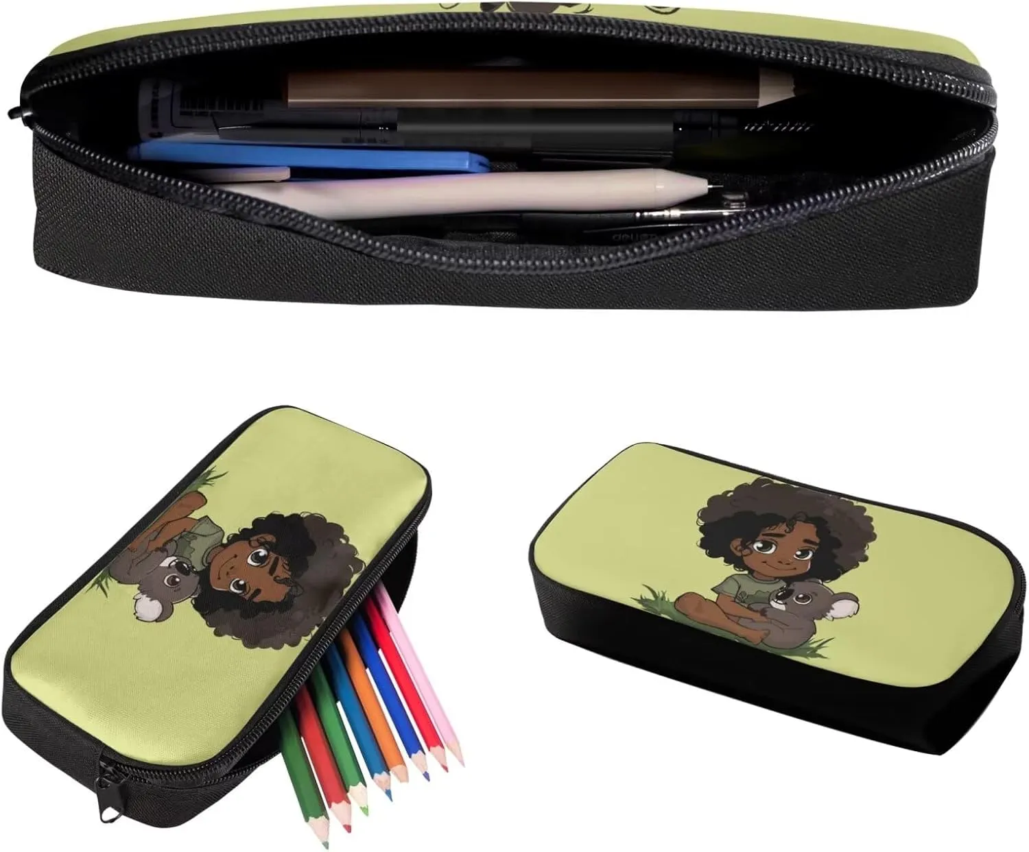 3 Piece Backpack Set for Girls African Girl Backpack Lunch Box Combo Kids Cute Koala Pen Case for Kids Insulated Lunch Bag and Large Bookbag for School and Travel