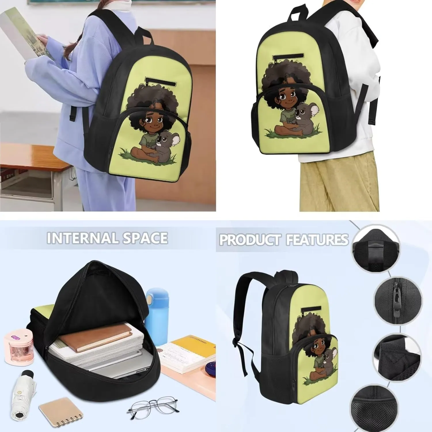 3 Piece Backpack Set for Girls African Girl Backpack Lunch Box Combo Kids Cute Koala Pen Case for Kids Insulated Lunch Bag and Large Bookbag for School and Travel
