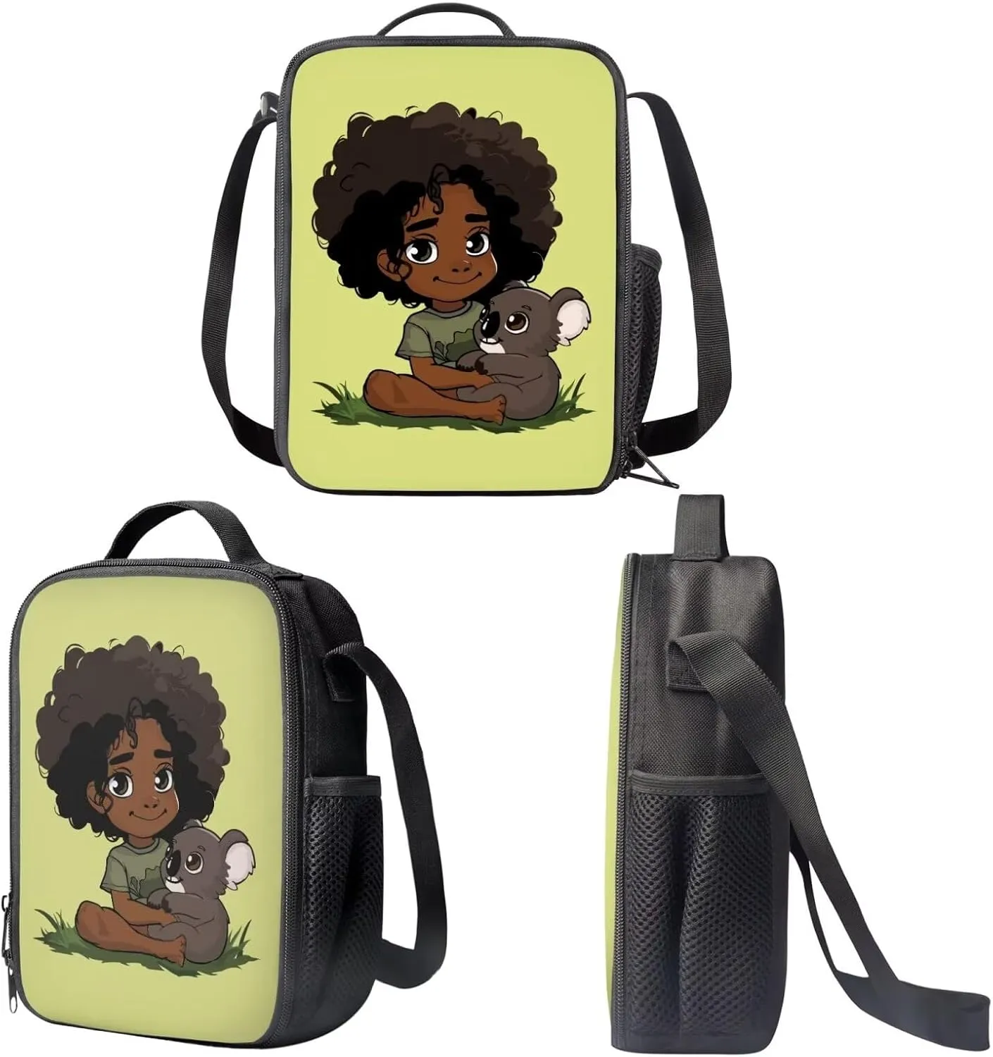 3 Piece Backpack Set for Girls African Girl Backpack Lunch Box Combo Kids Cute Koala Pen Case for Kids Insulated Lunch Bag and Large Bookbag for School and Travel