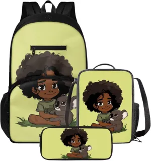 3 Piece Backpack Set for Girls African Girl Backpack Lunch Box Combo Kids Cute Koala Pen Case for Kids Insulated Lunch Bag and Large Bookbag for School and Travel