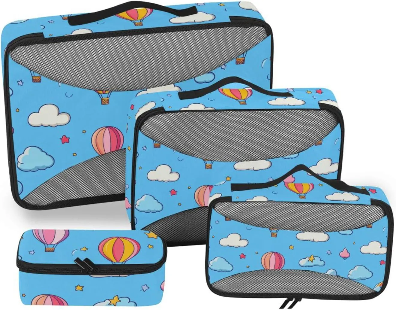 4 Pcs set organizers for travel Mesh Travel Essentials Blue Sky Hot Air Balloon expandable cubes for diaper bag