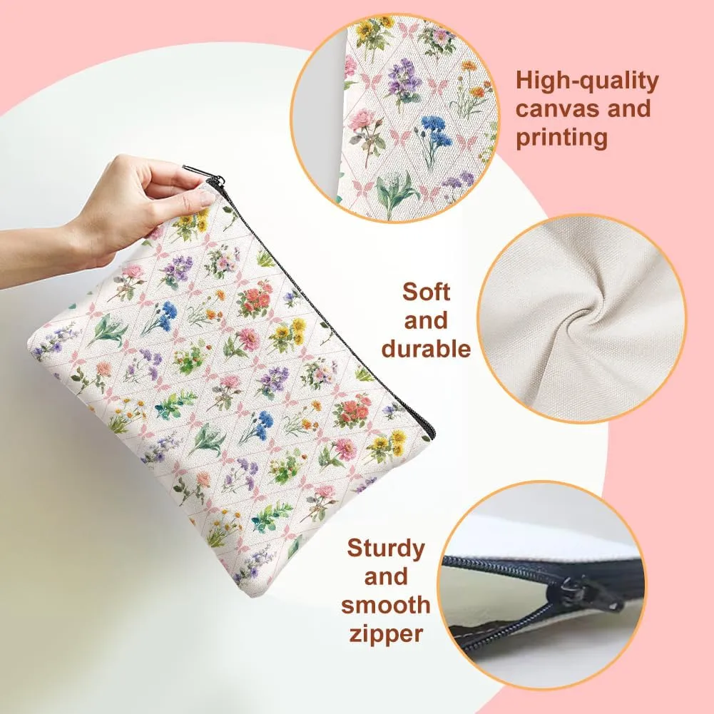 4Pcs Flowers Makeup Bags 5.91x9.06 inch Canvas Cosmetic Bags Floral Bags with Zipper Polycotton Travel Toiletry Pouches for Women Party Shopping Home Travel Accessories