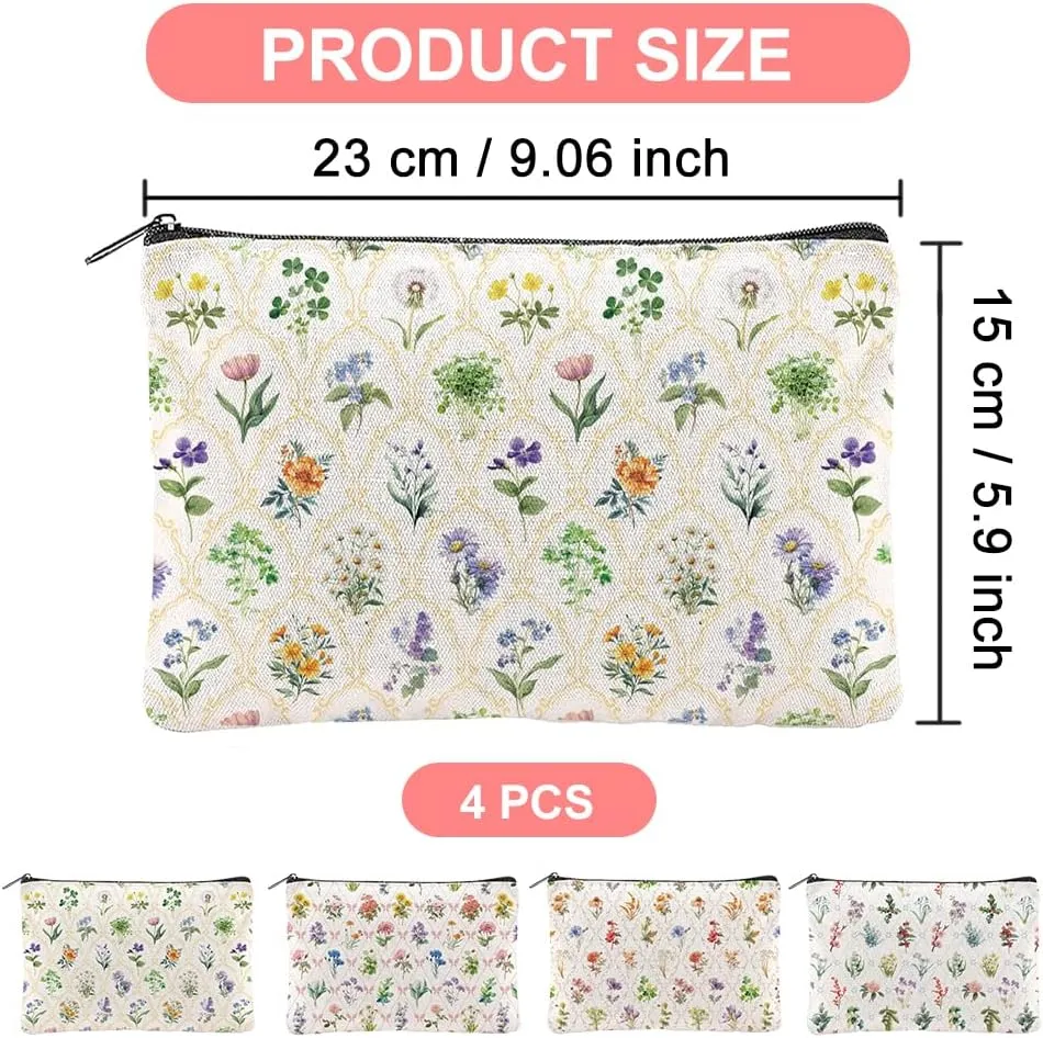4Pcs Flowers Makeup Bags 5.91x9.06 inch Canvas Cosmetic Bags Floral Bags with Zipper Polycotton Travel Toiletry Pouches for Women Party Shopping Home Travel Accessories