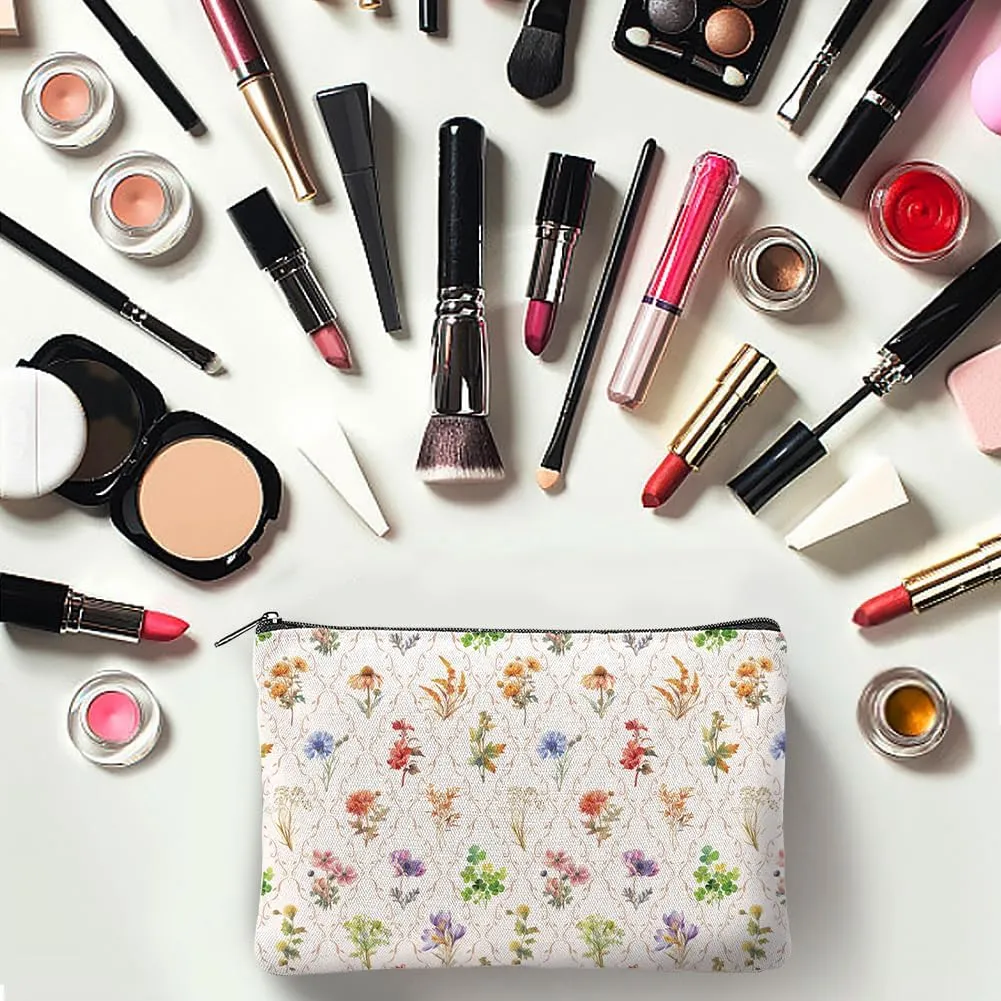 4Pcs Flowers Makeup Bags 5.91x9.06 inch Canvas Cosmetic Bags Floral Bags with Zipper Polycotton Travel Toiletry Pouches for Women Party Shopping Home Travel Accessories