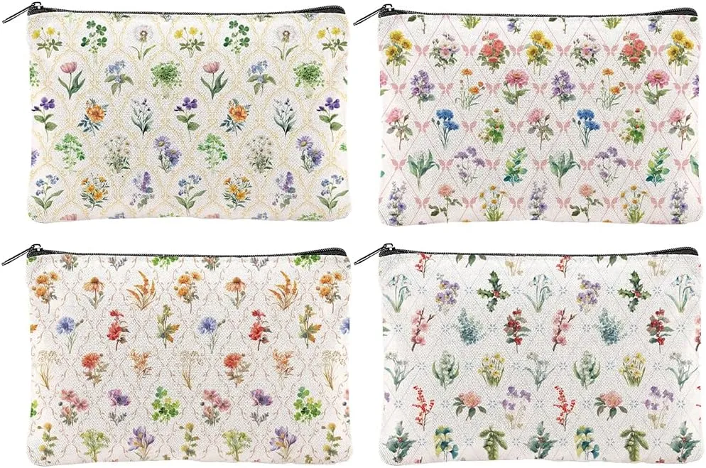 4Pcs Flowers Makeup Bags 5.91x9.06 inch Canvas Cosmetic Bags Floral Bags with Zipper Polycotton Travel Toiletry Pouches for Women Party Shopping Home Travel Accessories