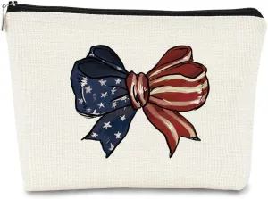 4th of July Coquette Makeup Bag,Red White and Blue Accessories Bow Bag,Bow Makeup Bag Gift for Women