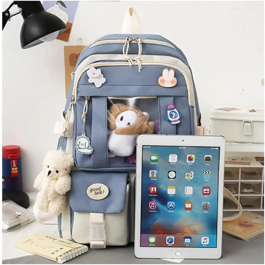5 pcs Cute Aesthetic Backpack Set for School Teens, 3 Plushies & 5 Pins & Cards Kawaii Backpack with Accessories (Blue)