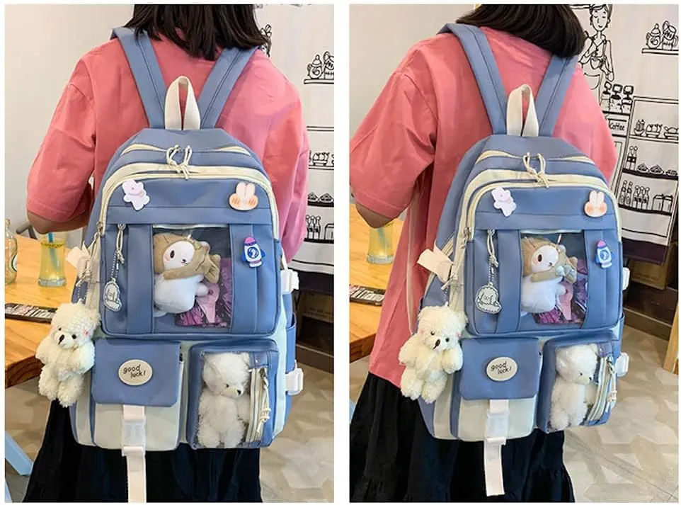 5 pcs Cute Aesthetic Backpack Set for School Teens, 3 Plushies & 5 Pins & Cards Kawaii Backpack with Accessories (Blue)