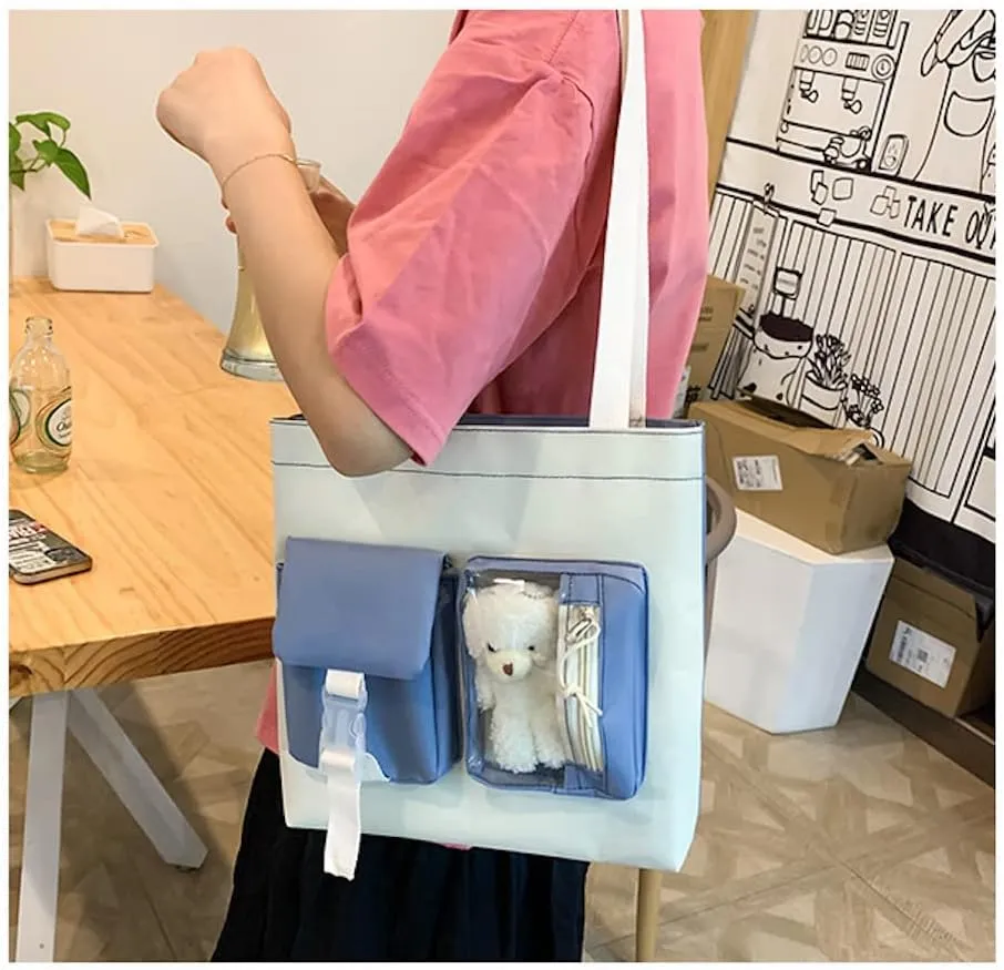5 pcs Cute Aesthetic Backpack Set for School Teens, 3 Plushies & 5 Pins & Cards Kawaii Backpack with Accessories (Blue)