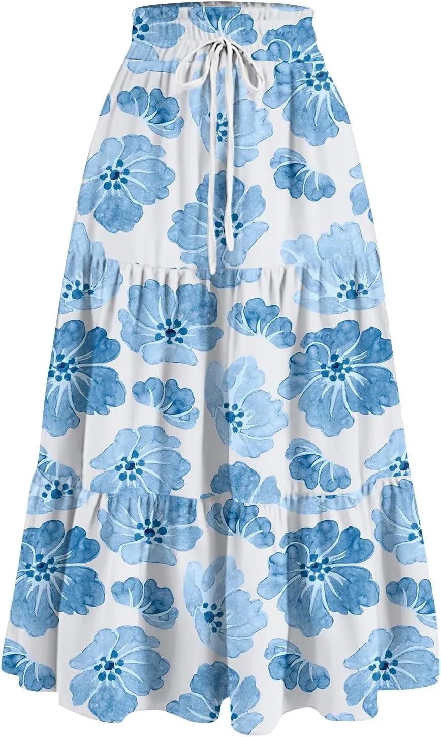 ADHOWBEW Boho Skirts for Women Cute Casual A Line Trendy High Waisted Flowy Midi Length Plus Size Ruffle Beach Spring Skirts