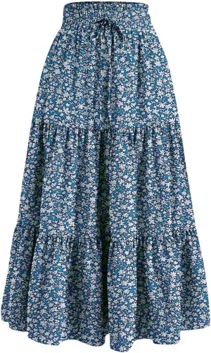 ADHOWBEW Summer Skirts for Women 2025 Pleated Casual Elastic Waist Smocked Boho Floral Trendy Vacation Sexy Flowy Skirt