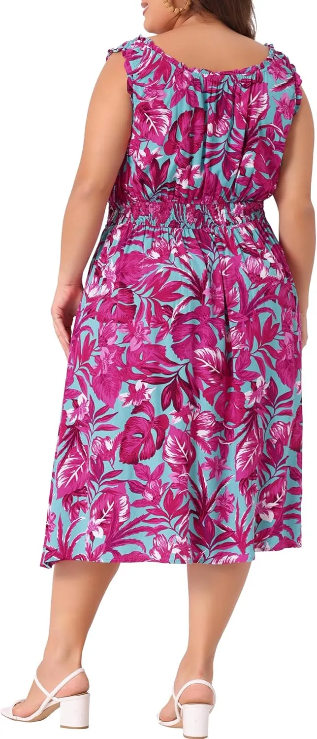 Agnes Orinda Plus Size Dress for Women Square Neck Sleeveless Floral Flowy Stretchy Waist Midi Summer Dresses