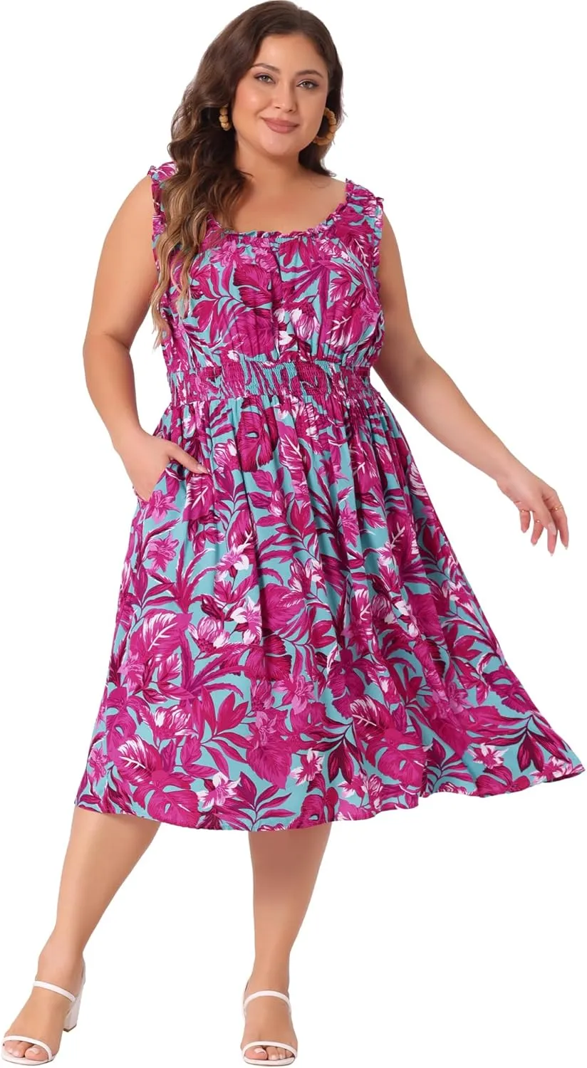 Agnes Orinda Plus Size Dress for Women Square Neck Sleeveless Floral Flowy Stretchy Waist Midi Summer Dresses