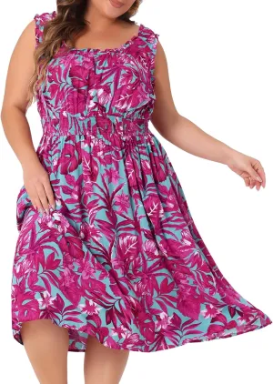 Agnes Orinda Plus Size Dress for Women Square Neck Sleeveless Floral Flowy Stretchy Waist Midi Summer Dresses