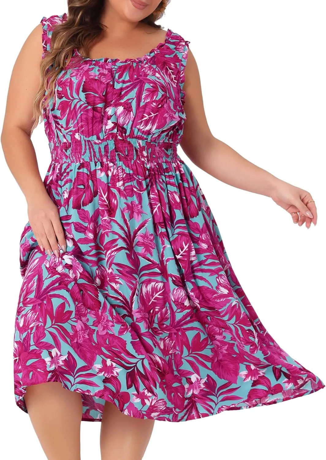 Agnes Orinda Plus Size Dress for Women Square Neck Sleeveless Floral Flowy Stretchy Waist Midi Summer Dresses