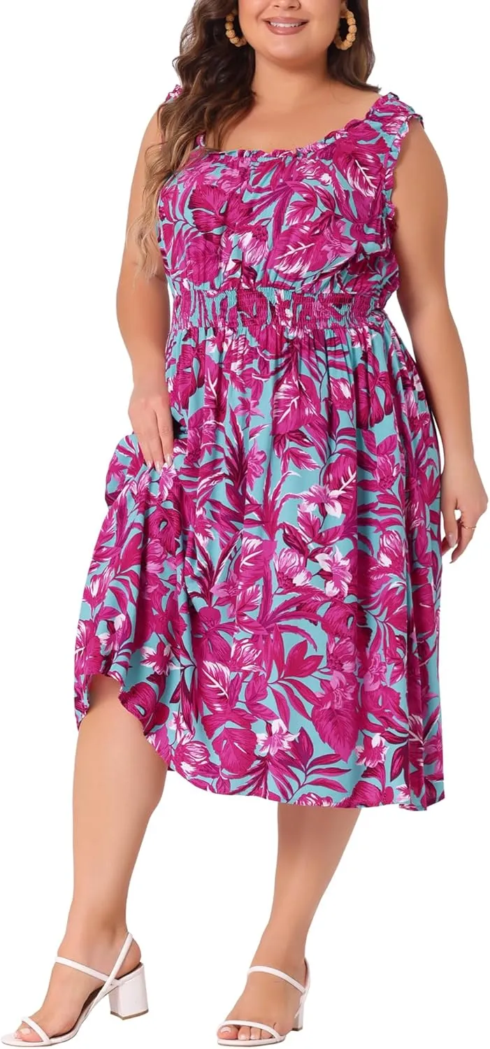 Agnes Orinda Plus Size Dress for Women Square Neck Sleeveless Floral Flowy Stretchy Waist Midi Summer Dresses