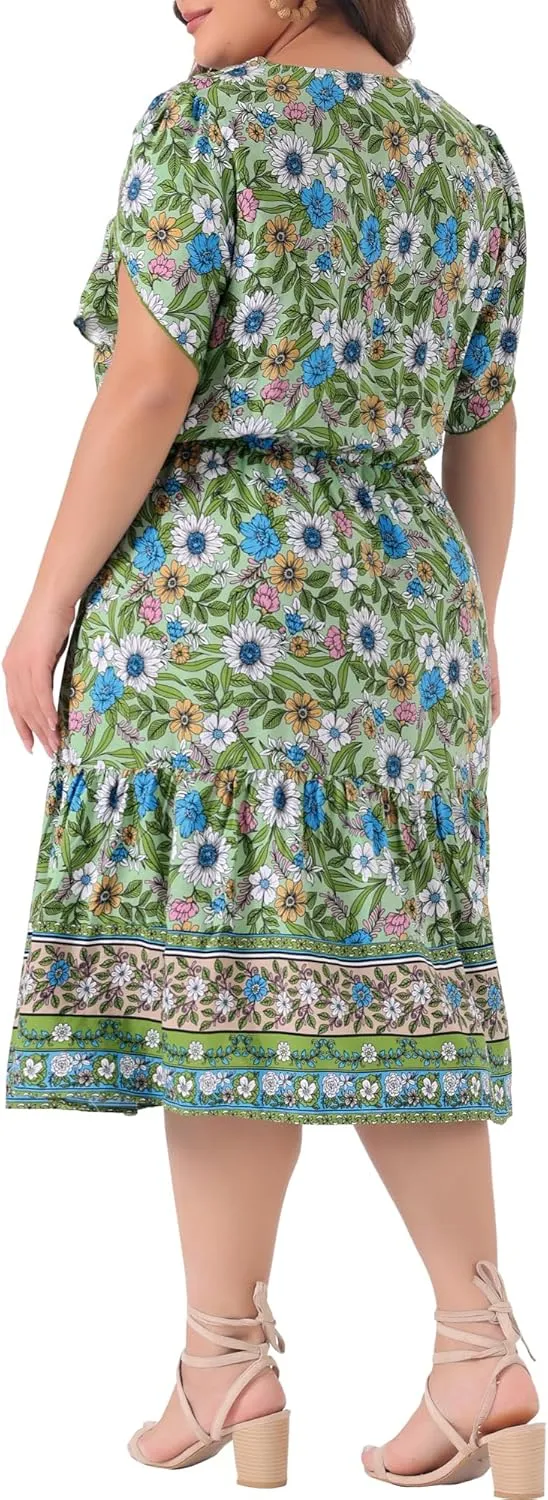 Agnes Orinda Plus Size Summer Boho Dresses for Women V Neck Short Sleeve Casual Floral Print Beach Midi Dress