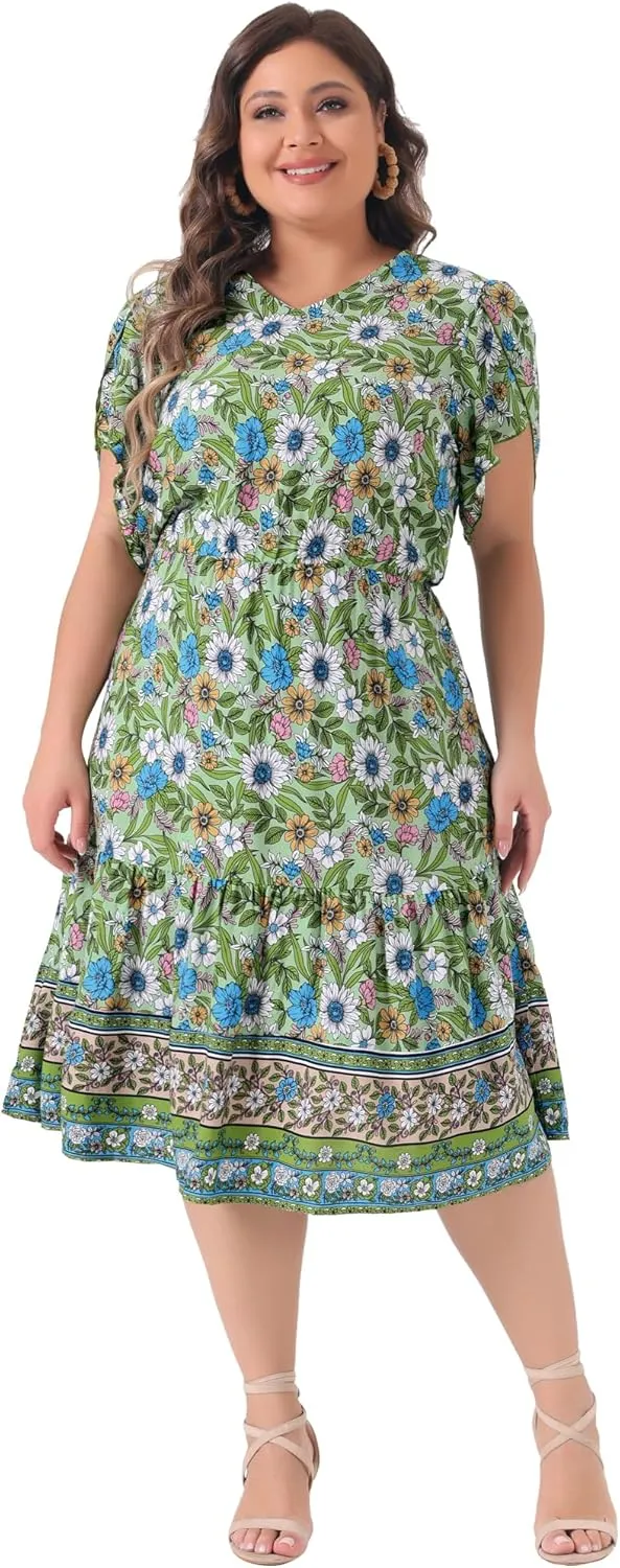 Agnes Orinda Plus Size Summer Boho Dresses for Women V Neck Short Sleeve Casual Floral Print Beach Midi Dress