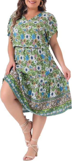 Agnes Orinda Plus Size Summer Boho Dresses for Women V Neck Short Sleeve Casual Floral Print Beach Midi Dress