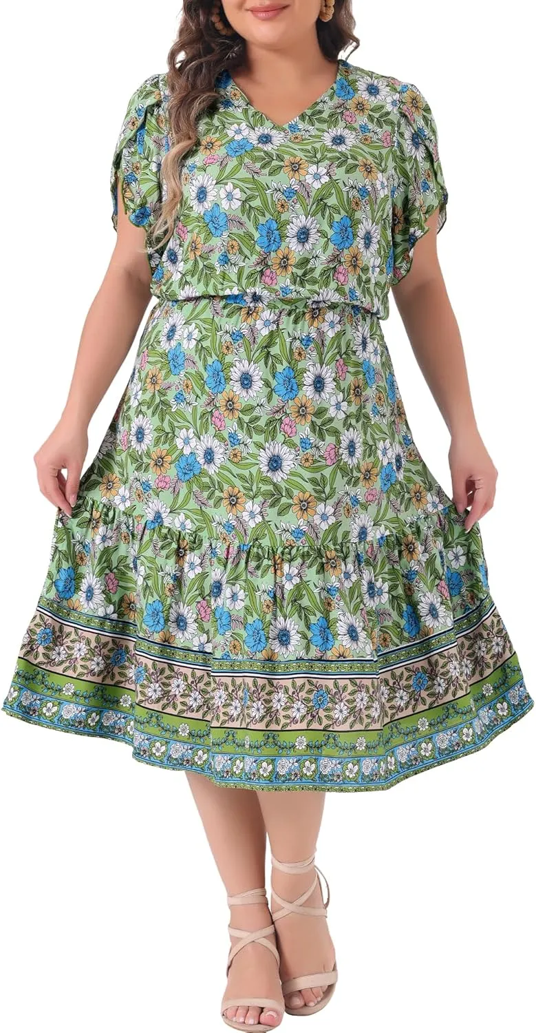 Agnes Orinda Plus Size Summer Boho Dresses for Women V Neck Short Sleeve Casual Floral Print Beach Midi Dress