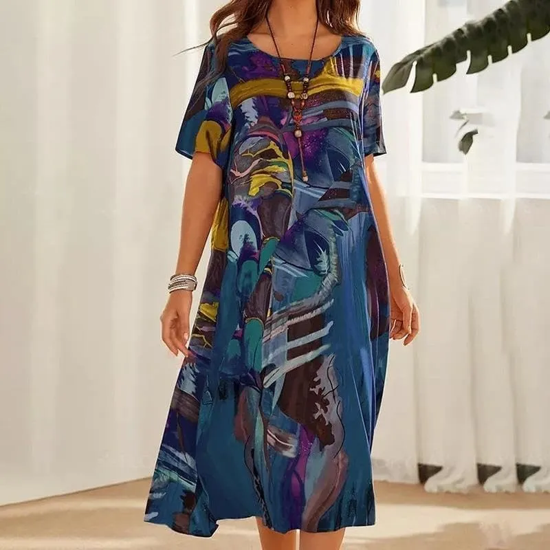 Akivide Women's Summer Boho Floral Loose Midi Tshirt Dress Casual Baggy Short Sleeve Beach Vacation Dresses