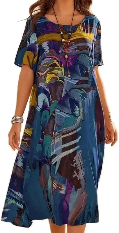 Akivide Women's Summer Boho Floral Loose Midi Tshirt Dress Casual Baggy Short Sleeve Beach Vacation Dresses