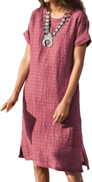 Akivide Women's Summer Midi Dresses Crewneck Short Sleeve Texture Knee Length Party Beach Sundress Shift Dress