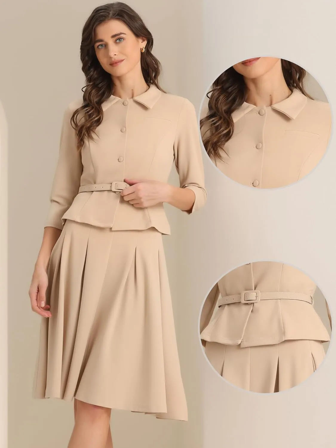 Allegra K Business Skirt Suit Sets for Women's 2 Piece Outfits Office 3/4 Sleeve Blazer Jacket Pleated Skirts