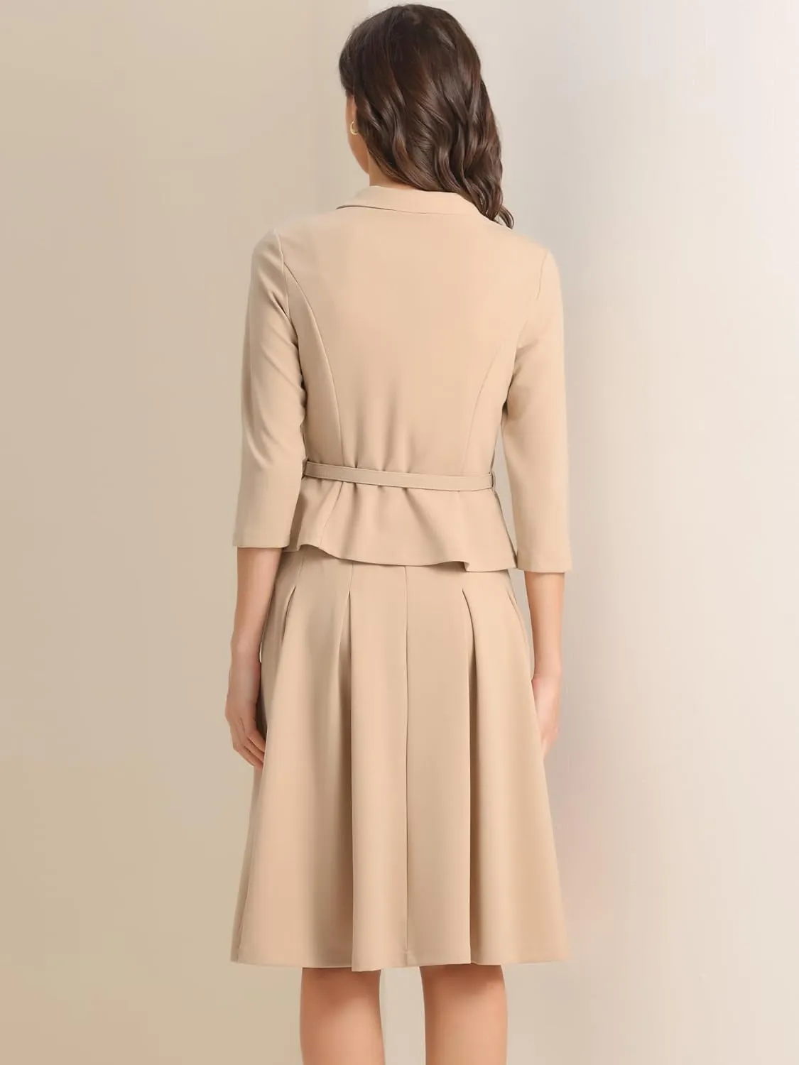 Allegra K Business Skirt Suit Sets for Women's 2 Piece Outfits Office 3/4 Sleeve Blazer Jacket Pleated Skirts