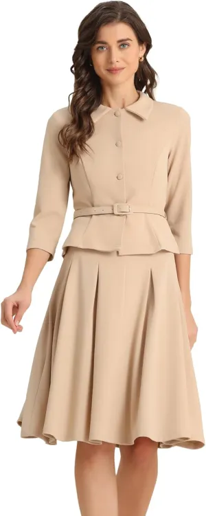 Allegra K Business Skirt Suit Sets for Women's 2 Piece Outfits Office 3/4 Sleeve Blazer Jacket Pleated Skirts