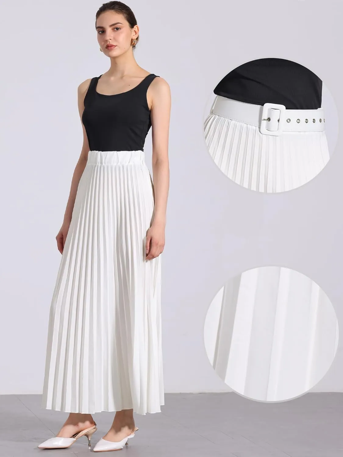 Allegra K Long Pleated Skirt for Women's Elastic High Waist with Belt Swing A-line Work Maxi Skirt