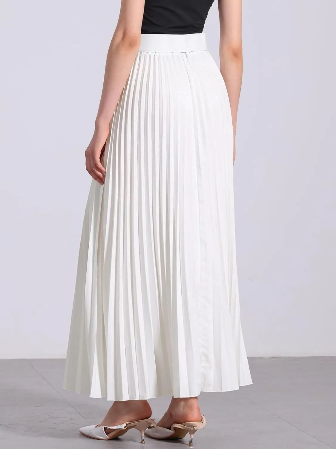 Allegra K Long Pleated Skirt for Women's Elastic High Waist with Belt Swing A-line Work Maxi Skirt