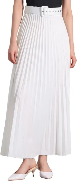 Allegra K Long Pleated Skirt for Women's Elastic High Waist with Belt Swing A-line Work Maxi Skirt