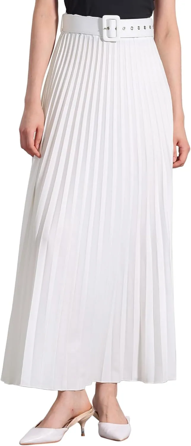 Allegra K Long Pleated Skirt for Women's Elastic High Waist with Belt Swing A-line Work Maxi Skirt