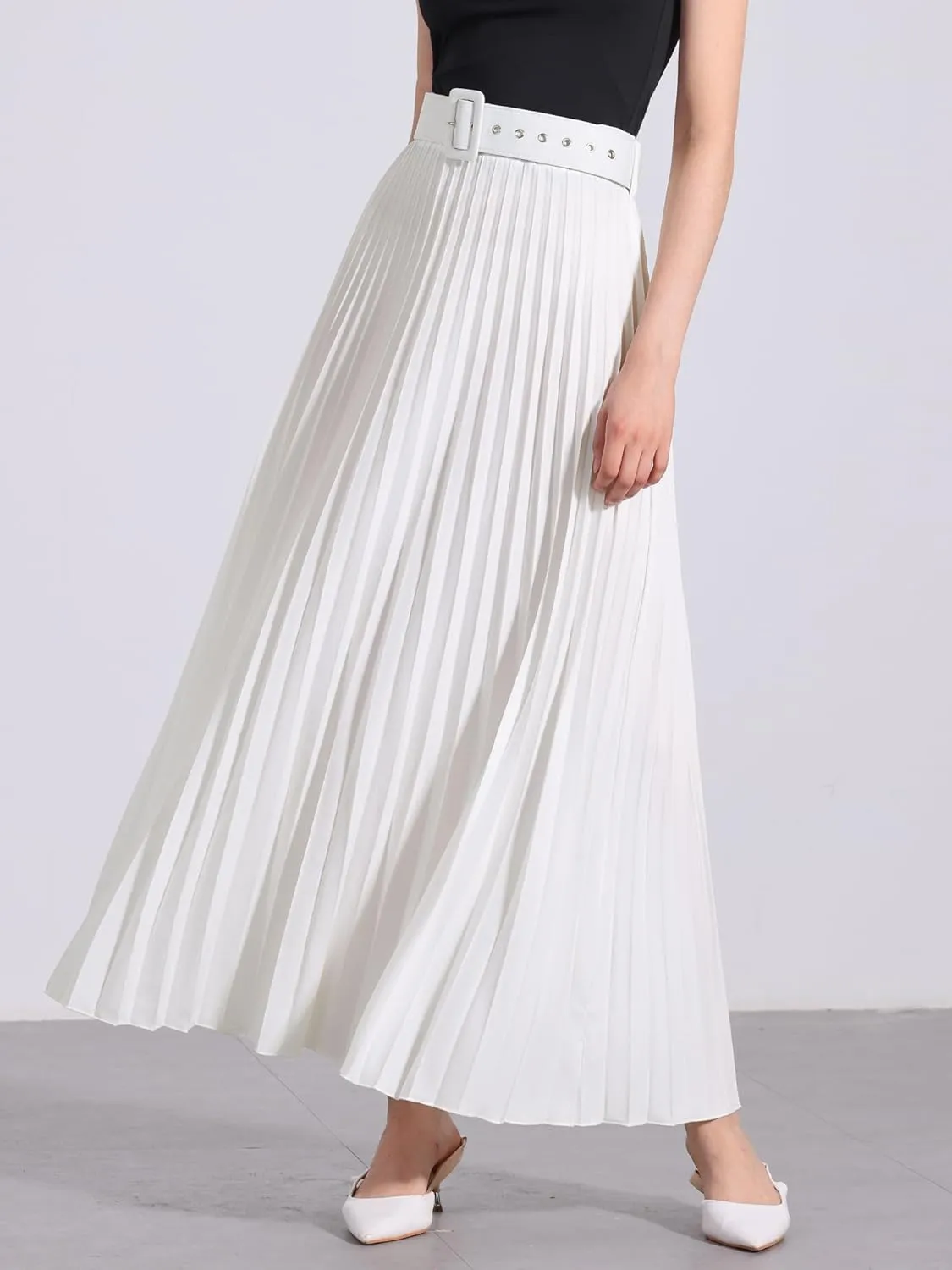 Allegra K Long Pleated Skirt for Women's Elastic High Waist with Belt Swing A-line Work Maxi Skirt