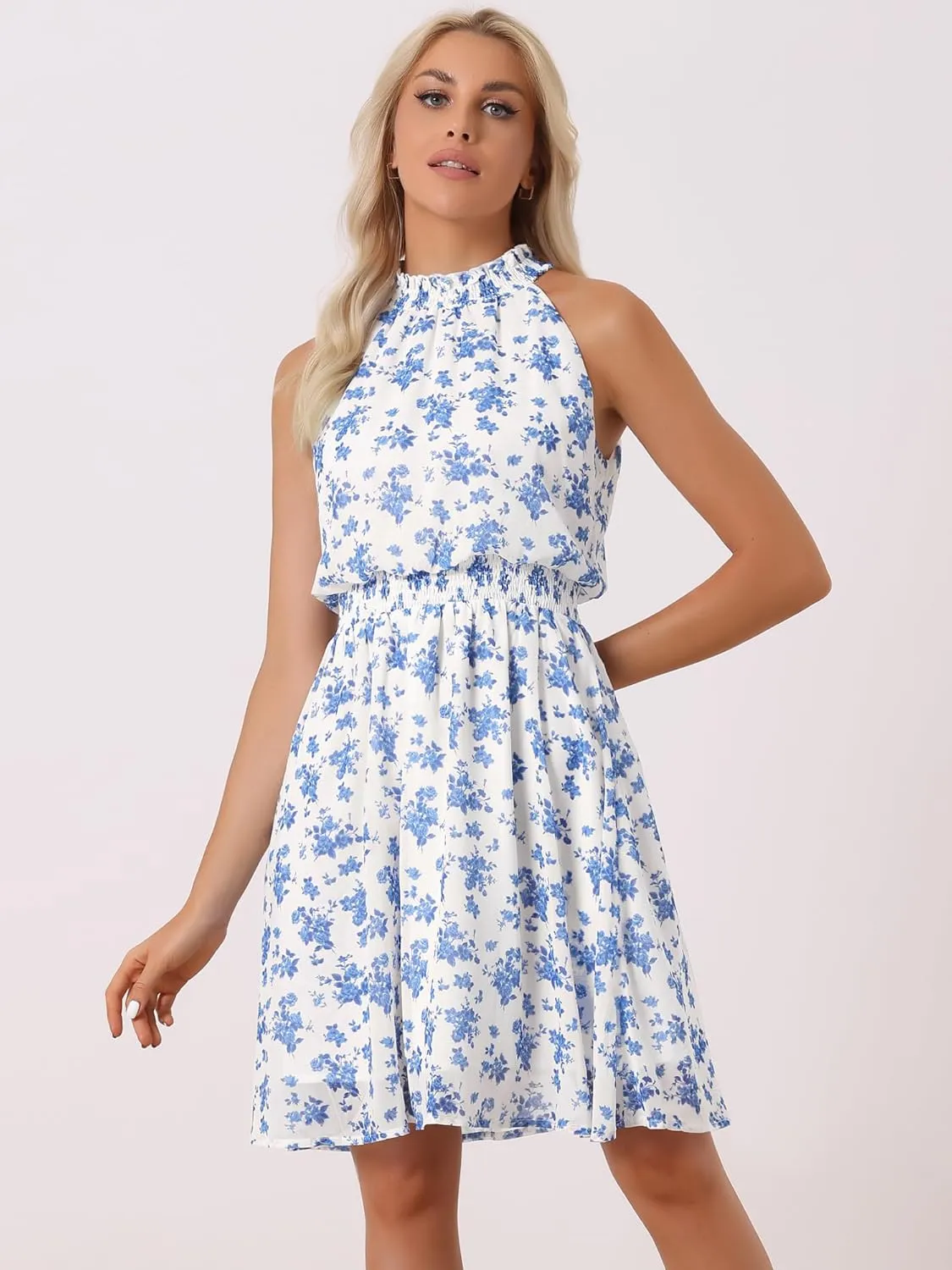 Allegra K Women's Halter Neck Dress Sleeveless Smocked Mini Summer 2024 Floral Dress