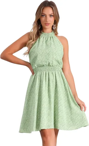 Allegra K Women's Halter Neck Dress Sleeveless Smocked Mini Summer 2024 Floral Dress