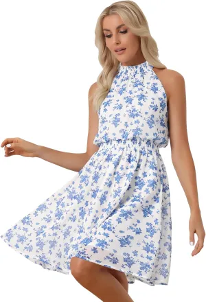 Allegra K Women's Halter Neck Dress Sleeveless Smocked Mini Summer 2024 Floral Dress