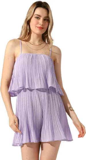 Allegra K Women's Romper Dress Spaghetti Strap Ruffled Pleated Sleeveless Shorts Jumpsuits