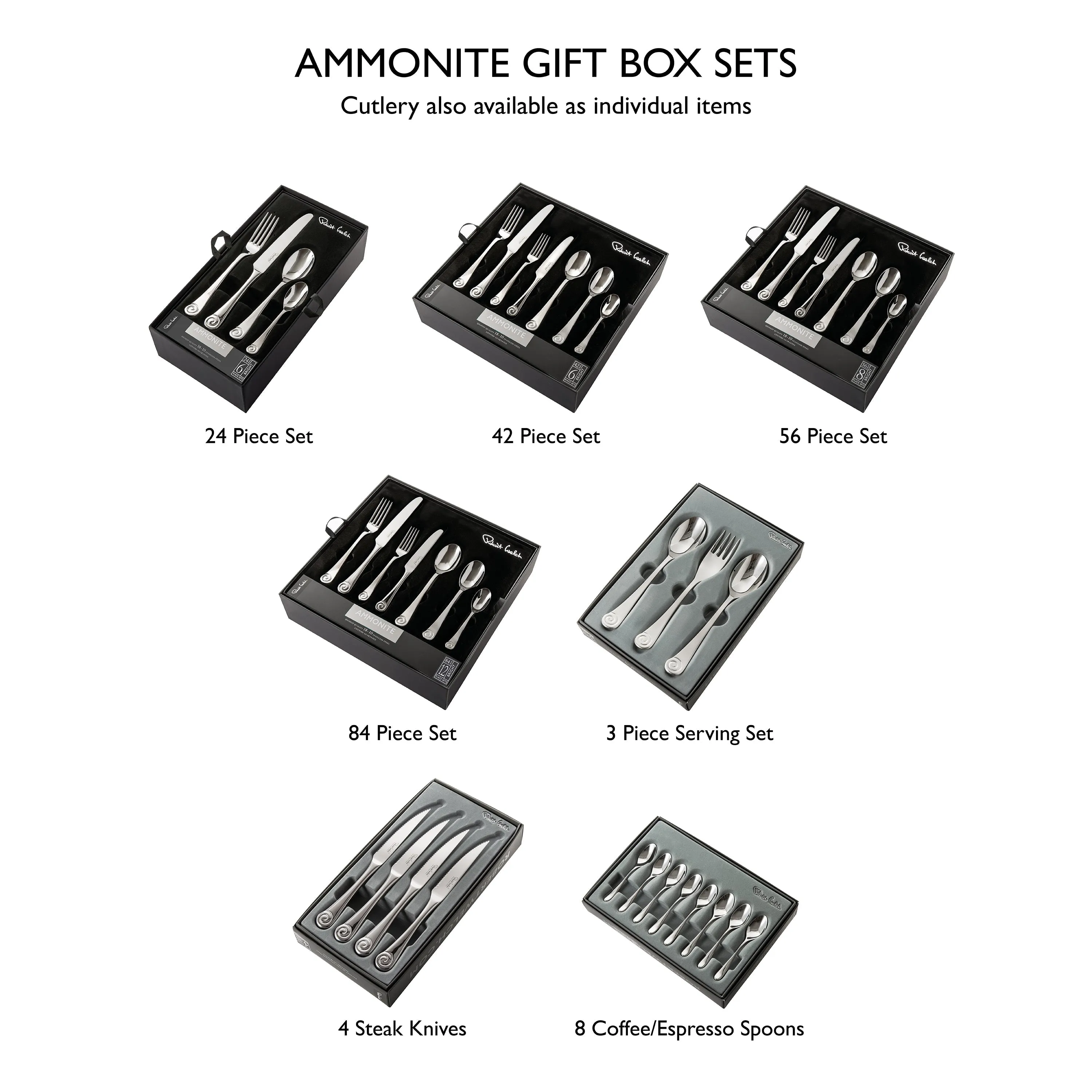 Ammonite Bright Cutlery Set, 72 Piece for 8 People - Includes 8 Sets of Fish Knives and Forks