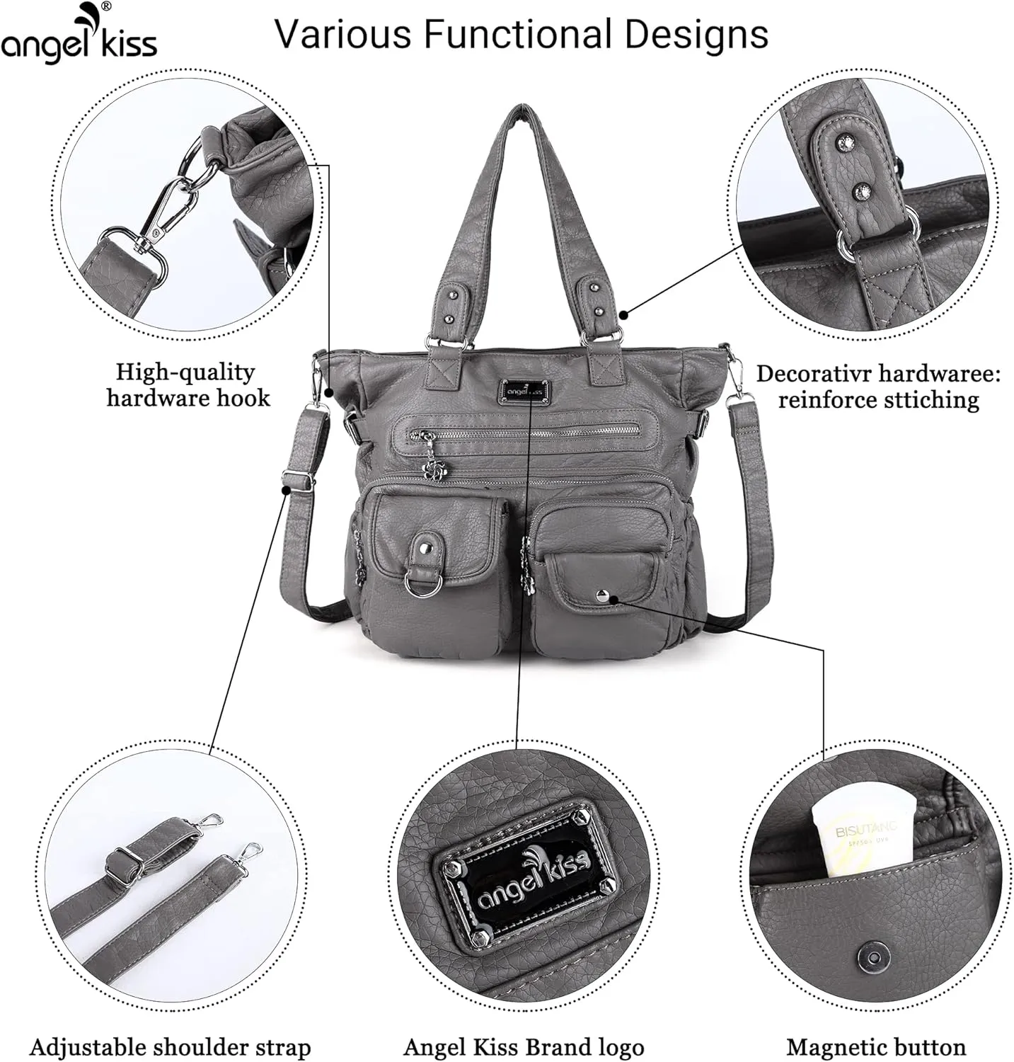 Angelkiss Purses Handbags for Women PU Tote Satchel Bags for Women Pockets Shoulder Bags