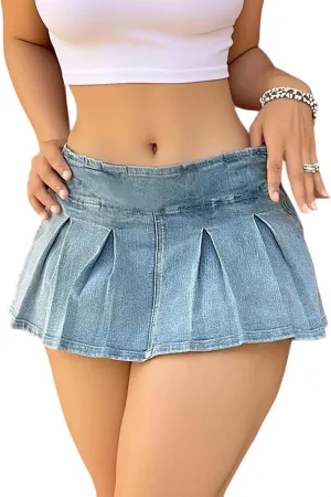 Avanova Women Denim Jean Ruffle Pleated Mini Skirt Low Rise Zip Micro Short Skirts
