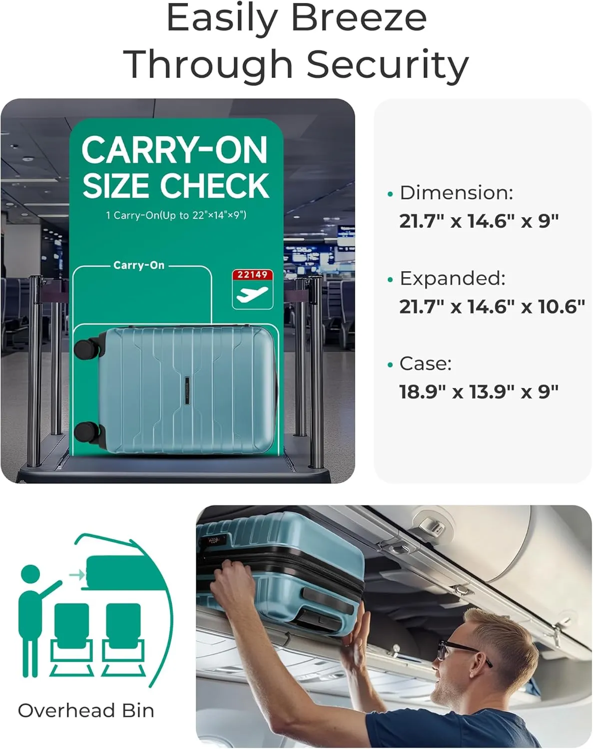 BAGSMART Carry On Luggage 22x14x9 Airline Approved with TSA Lock,20 Inch Lightweight Luggage with Spinner Wheels,100% PC Hard Shell Carry On Suitcases for Men Women,Teal Blue